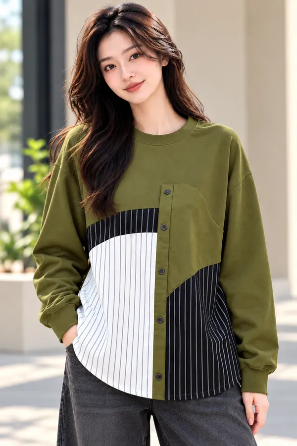 Olive_Green_Striped_Panel_Shirt_for_Women