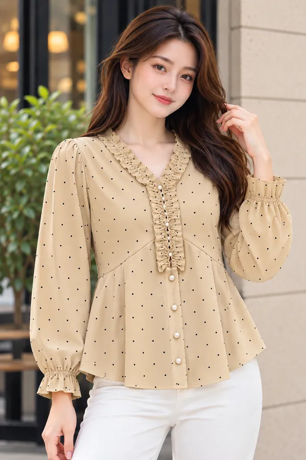 Beige_cotton_textile_Polka_Dot_Peplum_Top_for_Women