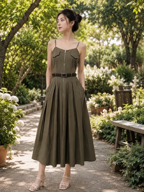 Olive_Green_Stiff_Cotton_Spaghetti_Maxi_Dress_For_Women