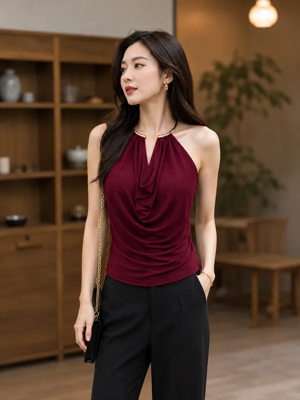 Burgundy_Satin_Draped_Halter_Top_for_Women