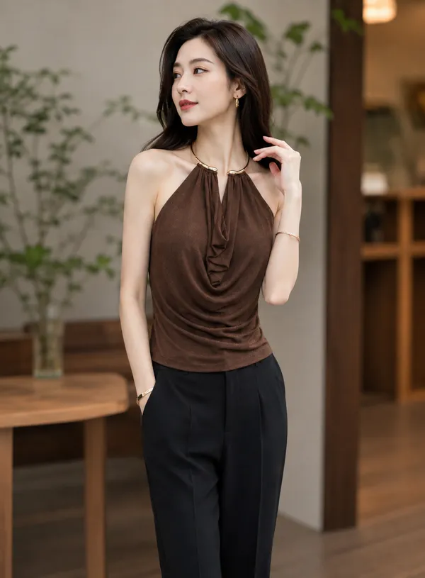 Brown_Halter_Neck_Ruched_Top_for_Women