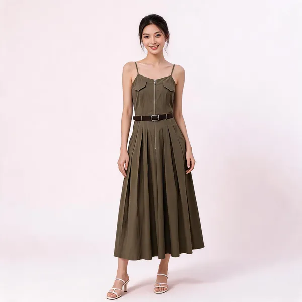 Olive_Green_Stiff_Cotton_Spaghetti_Maxi_Dress_For_Women