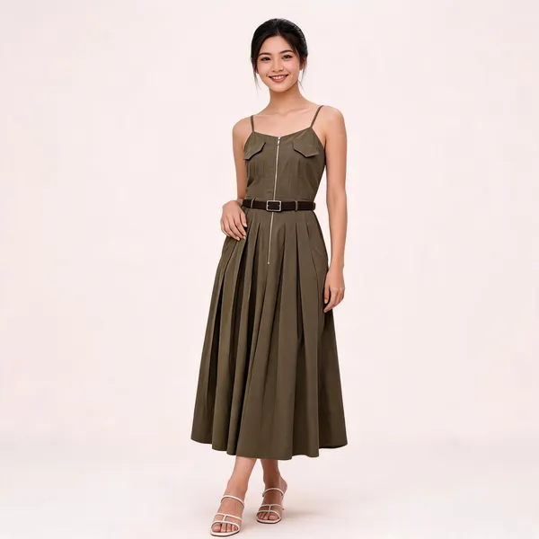 Olive_Green_Stiff_Cotton_Spaghetti_Maxi_Dress_For_Women