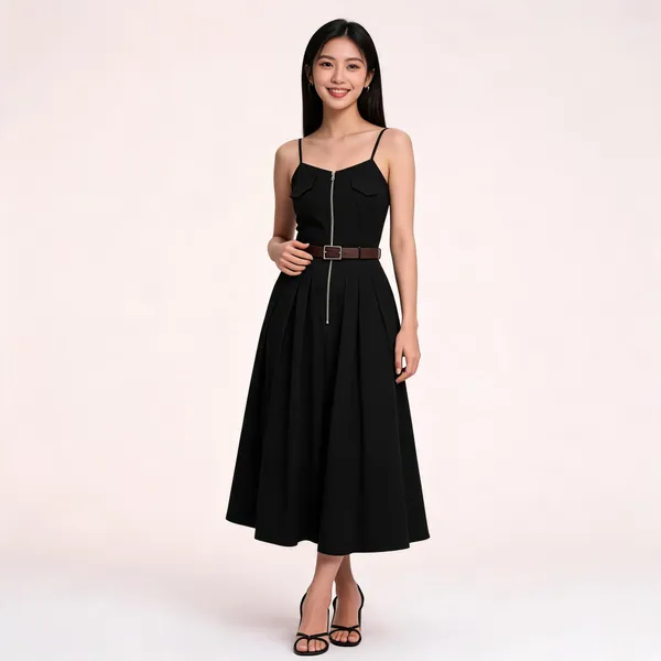Black_Stiff_Cotton_Spaghetti_Maxi_Dress_For_Women