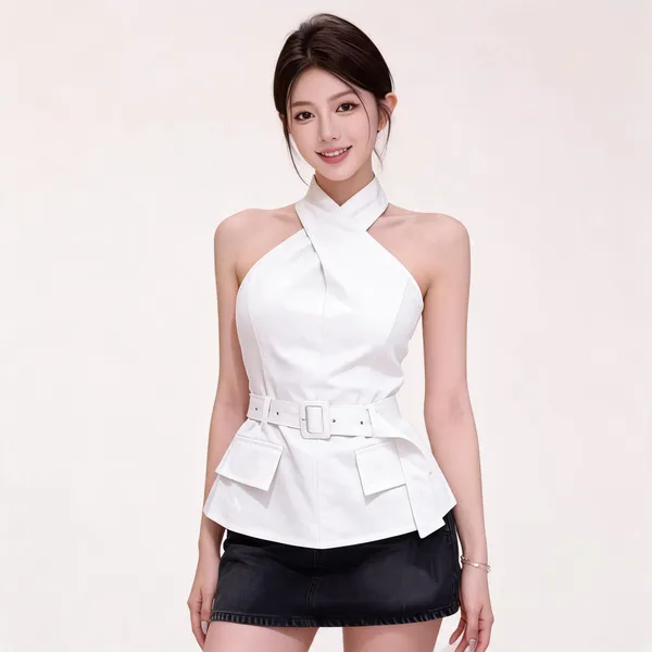 White_Stiff_Cotton_Halter_Peplum_Top_For_Women