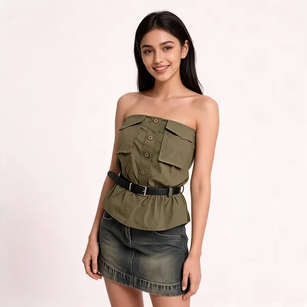 Olive_Green_Stiff_Cotton_Strapless_Utility_Top_For_Women
