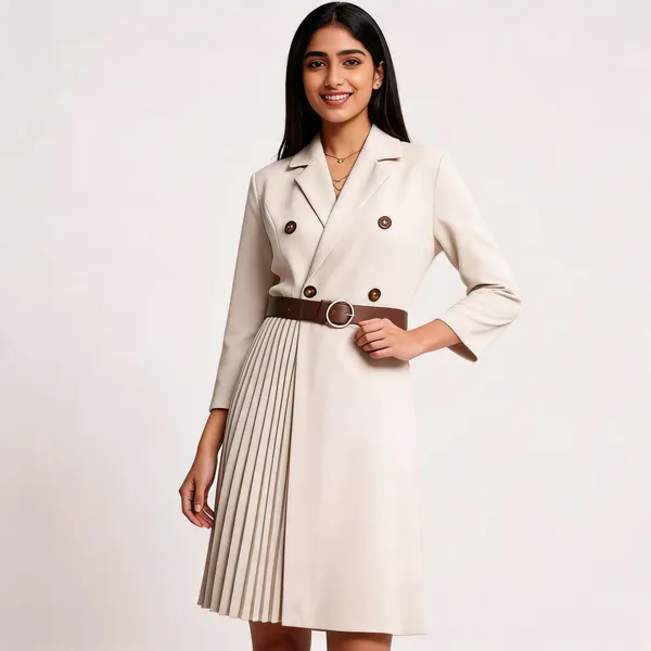 Ivory_Beige_Textile_Crepe_Overcoat_Style_Side_Pleated_Midi_Dress_For_Women