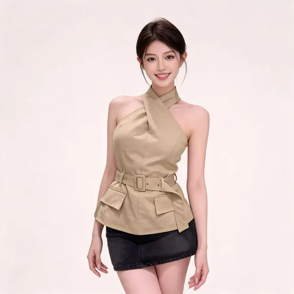 Beige_Stiff_Cotton_Halter_Neck_Top_For_Women