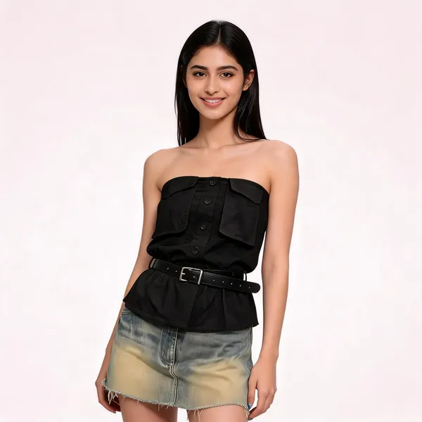 Black_Stiff_Cotton_Tube_Button_Front_Top_For_Women
