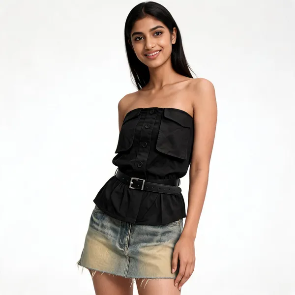 Black_Stiff_Cotton_Tube_Button_Front_Top_For_Women