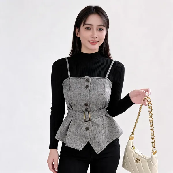 Grey_Jacquard_Peplum_Vest_With_Rib_Top_For_Women