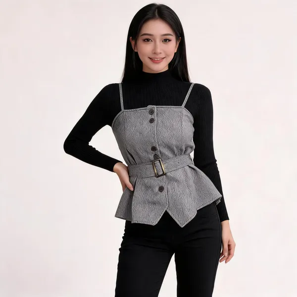 Grey_Jacquard_Peplum_Vest_With_Rib_Top_For_Women