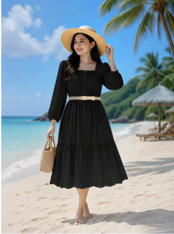 Black_Cotton_Chikan_Midi_Dress_With_Belt_For_Women