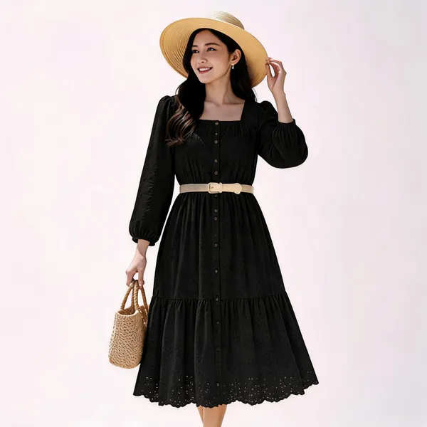Black_Cotton_Chikan_Midi_Dress_With_Belt_For_Women