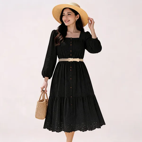Black_Cotton_Chikan_Midi_Dress_With_Belt_For_Women