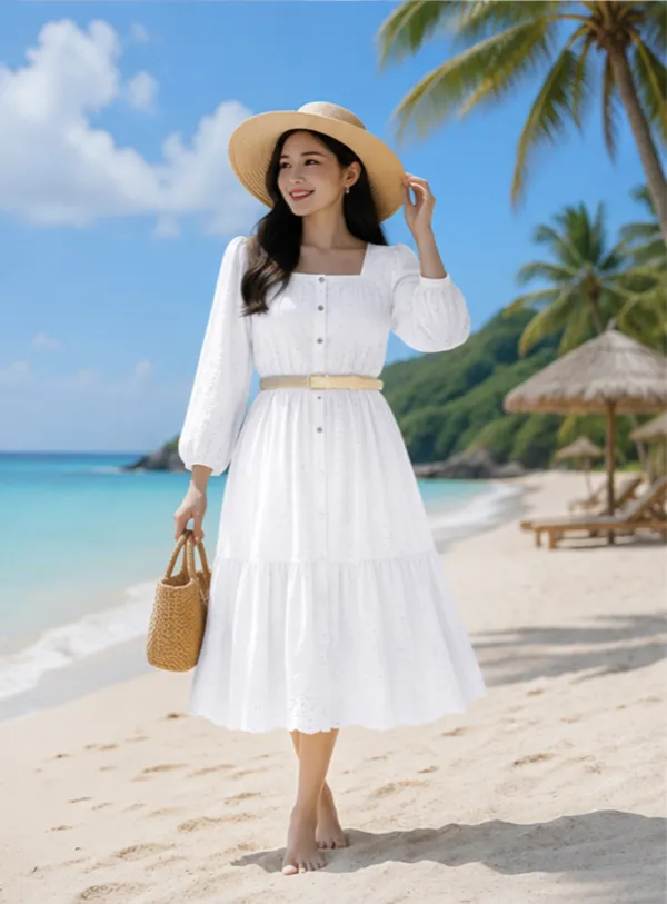 White_Cotton_Chikan_Midi_Dress_With_Belt_For_Women
