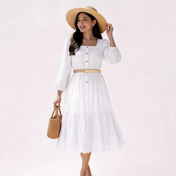 White_Cotton_Chikan_Midi_Dress_With_Belt_For_Women