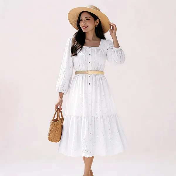 White_Cotton_Chikan_Midi_Dress_With_Belt_For_Women