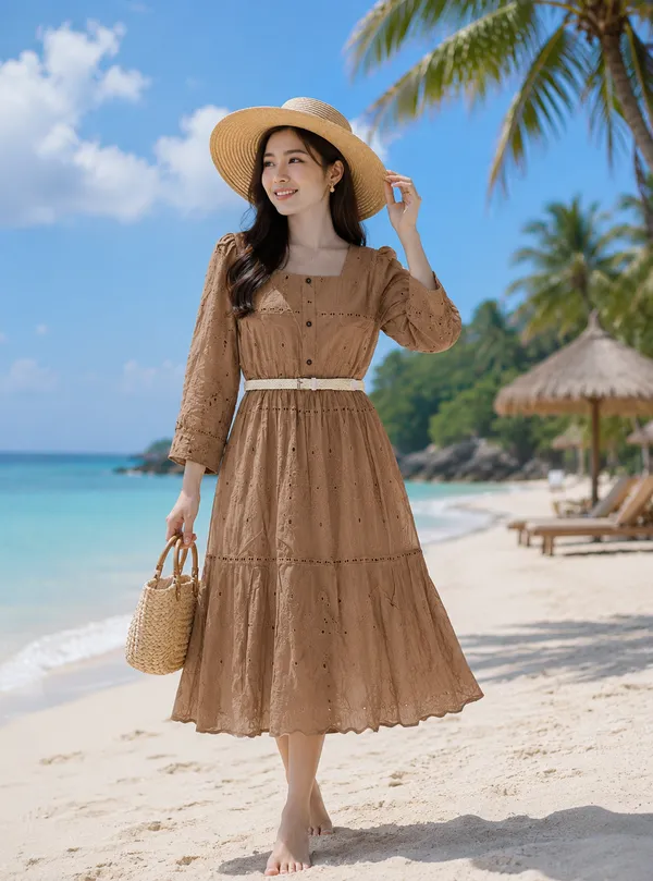 Brown_Cotton_Chikan_Midi_Dress_With_Belt_For_Women