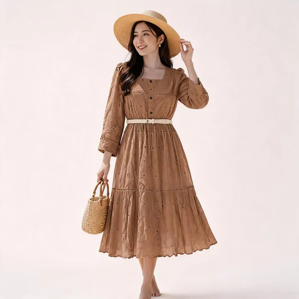 Brown_Cotton_Chikan_Midi_Dress_With_Belt_For_Women