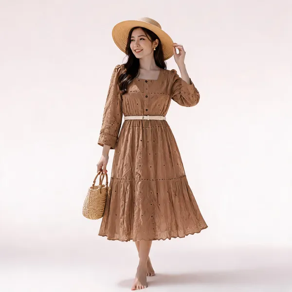 Brown_Cotton_Chikan_Midi_Dress_With_Belt_For_Women