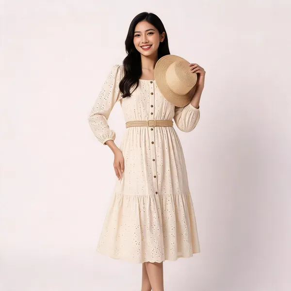 Off_White_Cotton_Chikan_Midi_Dress_With_Belt_For_Women