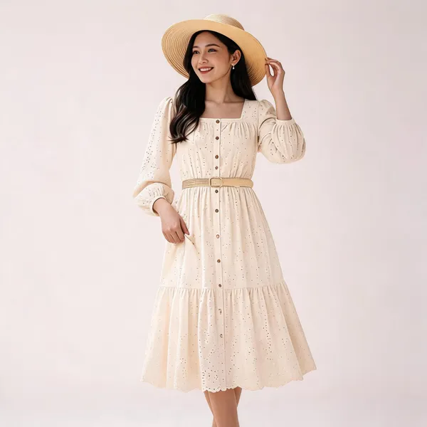 Off_White_Cotton_Chikan_Midi_Dress_With_Belt_For_Women