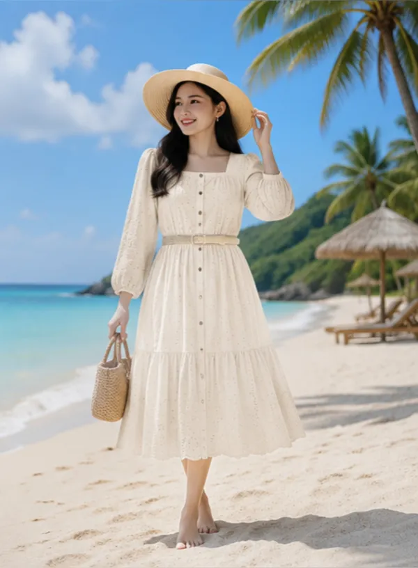 Off_White_Cotton_Chikan_Midi_Dress_With_Belt_For_Women