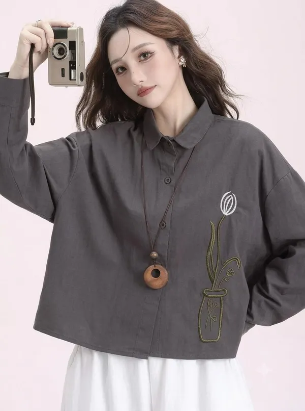 Dark_Grey_Stiff_Cotton_Shirt_For_Women