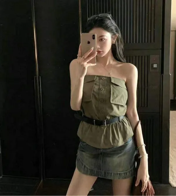 Olive_Green_Stiff_Cotton_Strapless_Utility_Top_For_Women