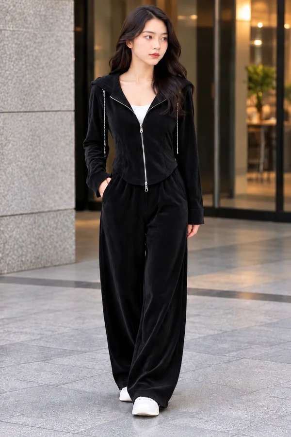 Black_Corduroy_Velvet_Zip-Up_Tracksuit_Set_for_Women.(_White_Inner_Not_Included_)