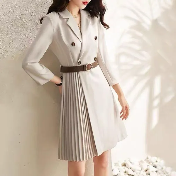Ivory_Beige_Textile_Crepe_Overcoat_Style_Side_Pleated_Midi_Dress_For_Women