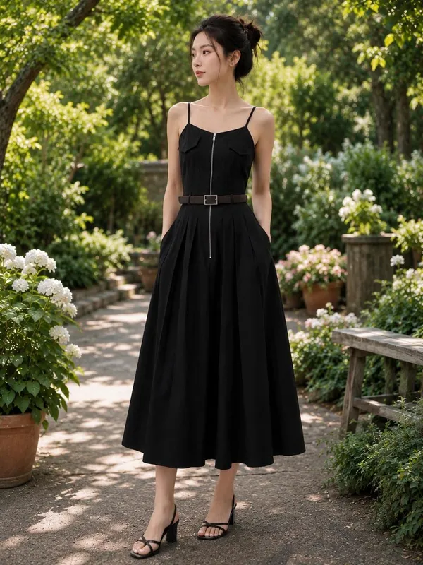 Black_Stiff_Cotton_Spaghetti_Maxi_Dress_For_Women