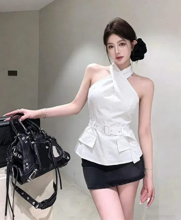 White_Stiff_Cotton_Halter_Peplum_Top_For_Women