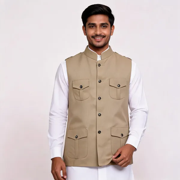 Beige_Matty_Sleeveless_Hunting_Waistcoat_For_Men