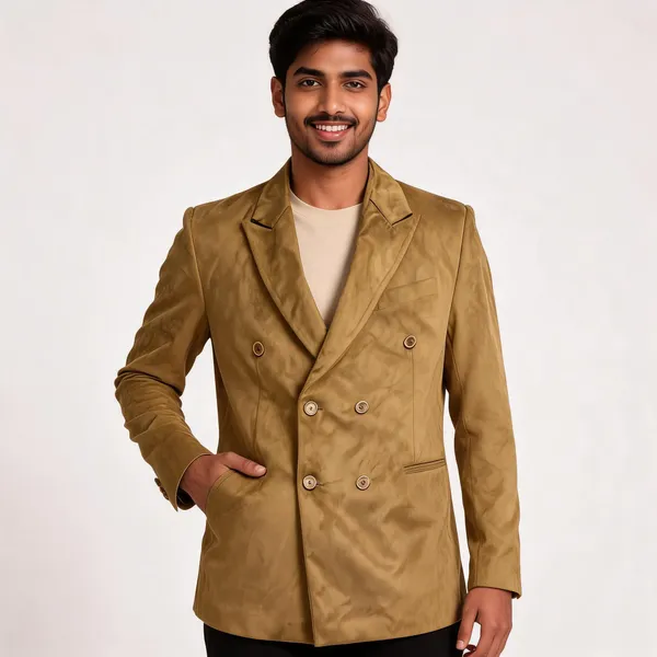 Tan_Sweat_Velvet_Double_Breasted_Blazer_For_Men