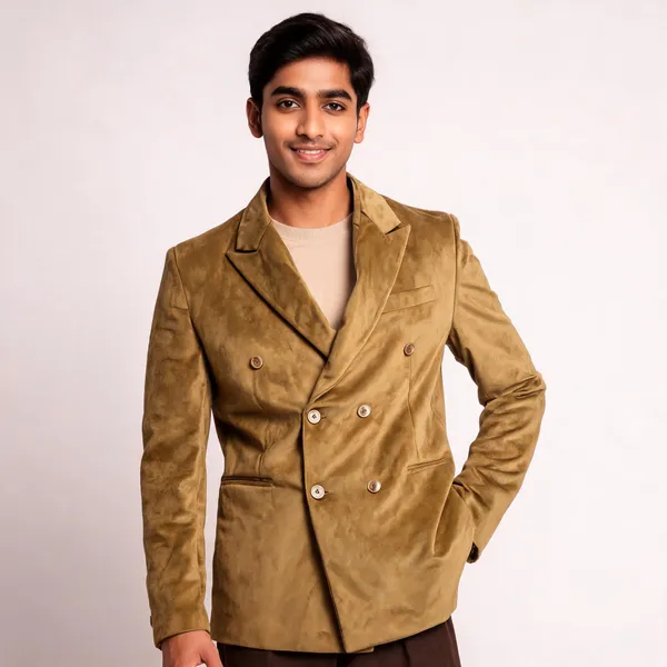 Tan_Sweat_Velvet_Double_Breasted_Blazer_For_Men