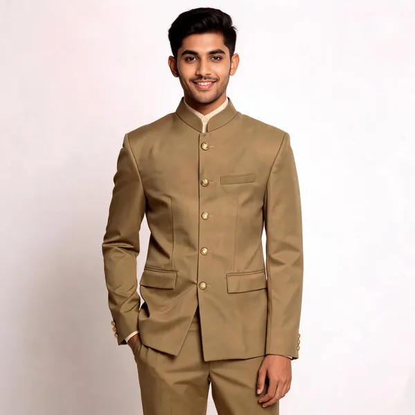 Khaki_Cotton_Jodhpuri_Bandhgala_Coat_Pant_Set_For_Men