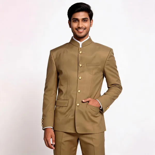 Khaki_Cotton_Jodhpuri_Bandhgala_Coat_Pant_Set_For_Men