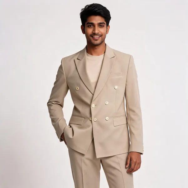 Beige_Cotton_Double_Breasted_Blazer_Coat_Pant_For_Men