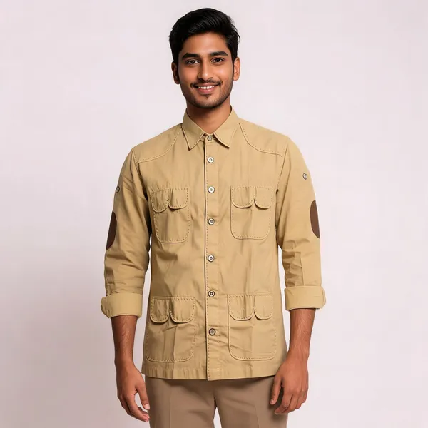 Khaki_Cotton_Linen_Multi-Pocket_Utility_Hunting_Shirt_For_Men
