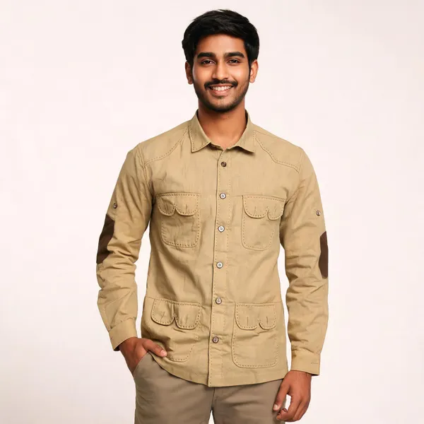 Khaki_Cotton_Linen_Multi-Pocket_Utility_Hunting_Shirt_For_Men
