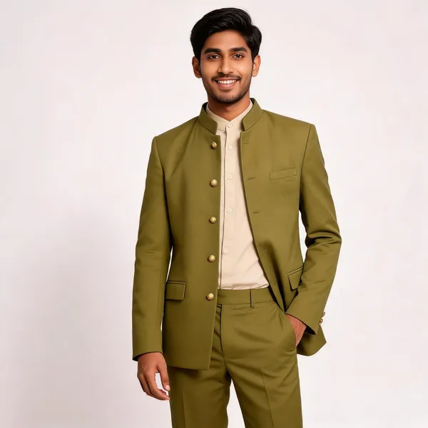 Olive_Cotton_Jodhpuri_Bandhgala_Coat_Pant_Set_For_Men