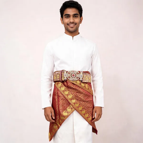 Maroon_Banarasi_Brocade_Woven_Groom_Dhoti