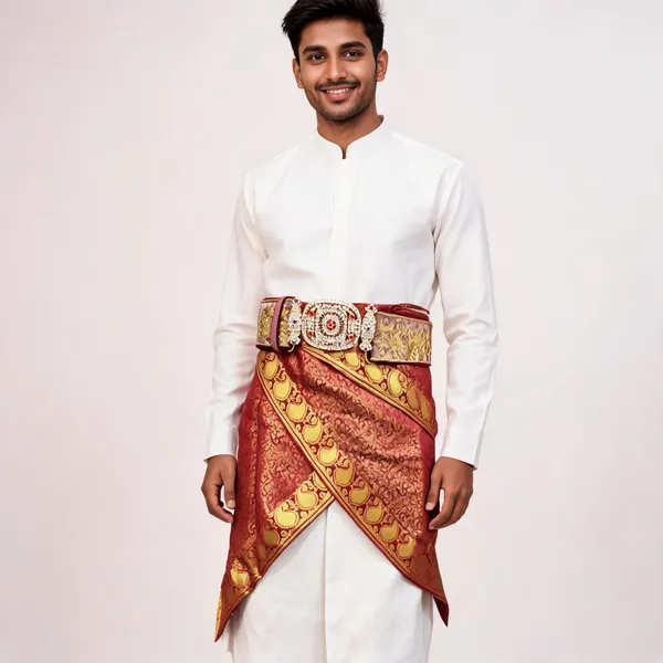 Maroon_Banarasi_Brocade_Woven_Groom_Dhoti