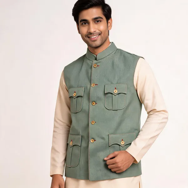 Green_Matty_Nehru_Collar_Sleeveless_Waistcoat_For_Men