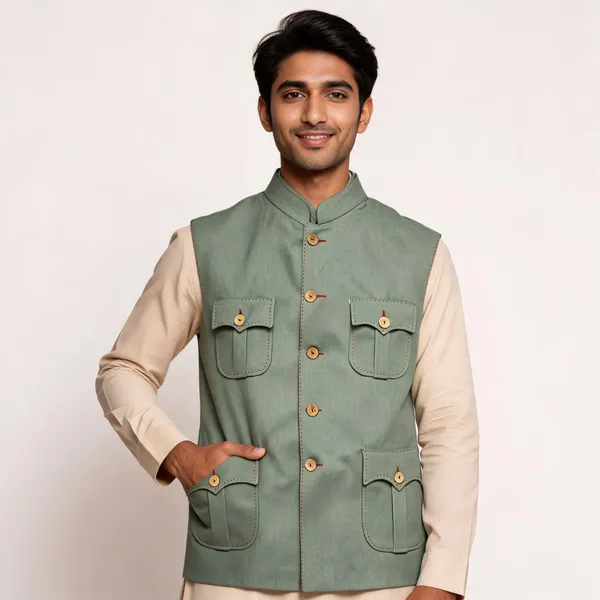 Green_Matty_Nehru_Collar_Sleeveless_Waistcoat_For_Men