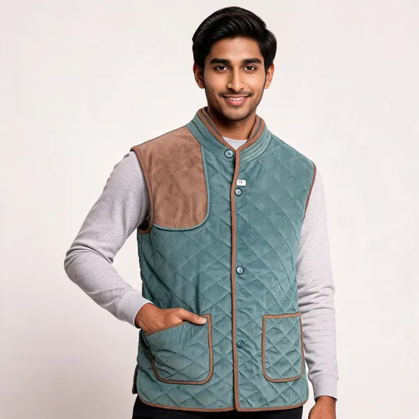 Teal_Matty_Fabric_Diamond_Quilted_Sleeveless_Waistcoat_For_Men