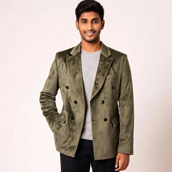 Olive_Sweat_Velvet_Double_Breasted_Blazer_For_Men