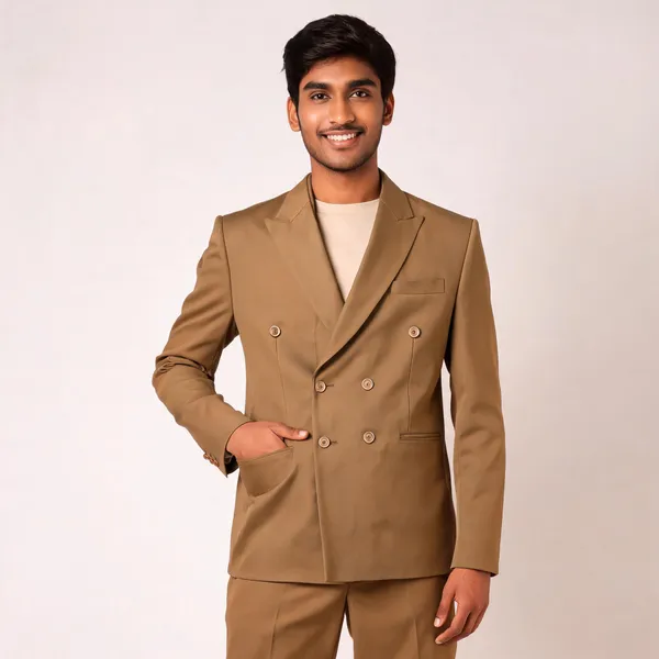 Tan_Cotton_Double_Breasted_Blazer_Coat_Pant_Set_For_Men